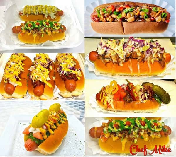 A spread of hot dawgs dressed every which way